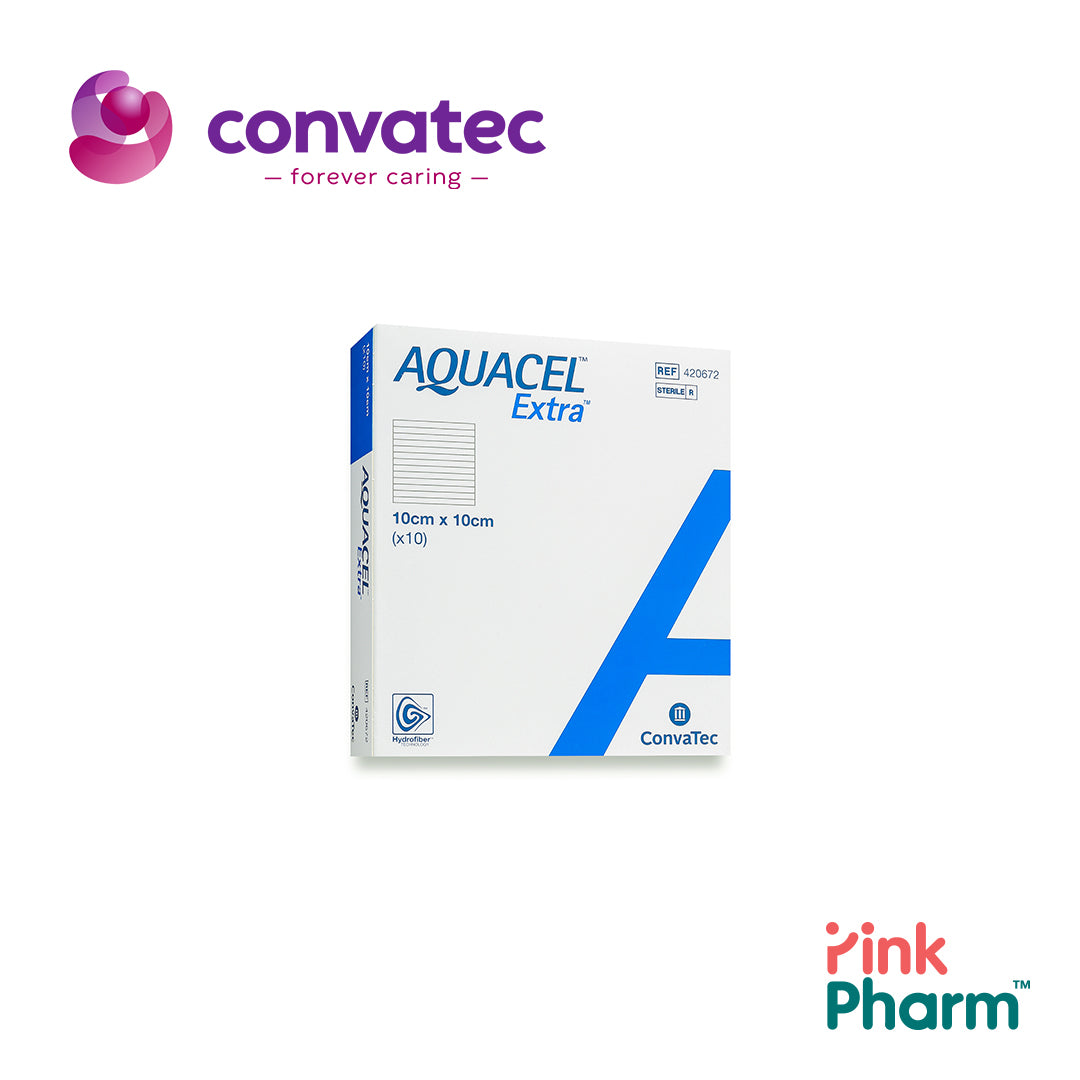 413567 Convatec AQUACEL AG+ EXTRA อควาเซลเอจีพลัสเอ็กซ์ตร้า แผ่นปิดแผลไฮโดรไฟเบอร์มีซิลเวอร์และเส้นใยเสริมความแข็งแรง ขนาด 10X10CM จำนวน 10ชิ้น/กล่อง
