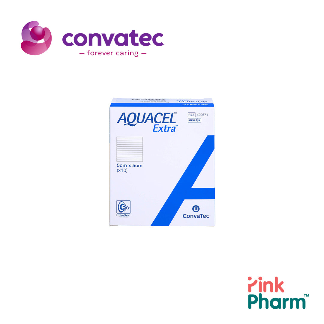 413566 Convatec AQUACEL AG+ EXTRA อควาเซลเอจีพลัสเอ็กซ์ตร้า แผ่นปิดแผลไฮโดรไฟเบอร์มีซิลเวอร์และเส้นใยเสริมความแข็งแรง ขนาด 5X5CM จำนวน 10 ชิ้น/กล่อง
