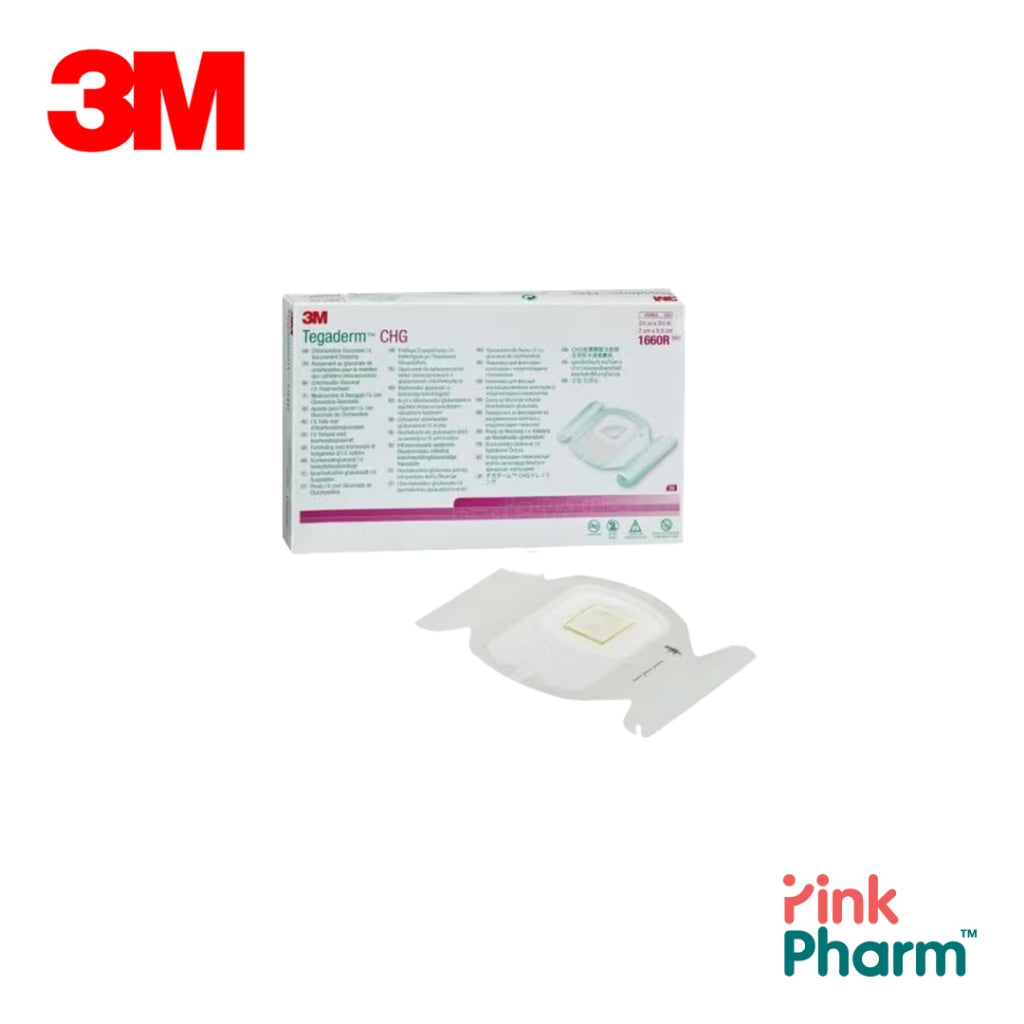 3M 1660R TEGADERM CHG 7CMX8.5CM DRESSING แผ่นยึดตรึงชนิดมีคลอร์เฮกซีดีนกลูโคเนต เพื่อปิดบริเวณให้สารน้ำทางหลอดเลือด 1660