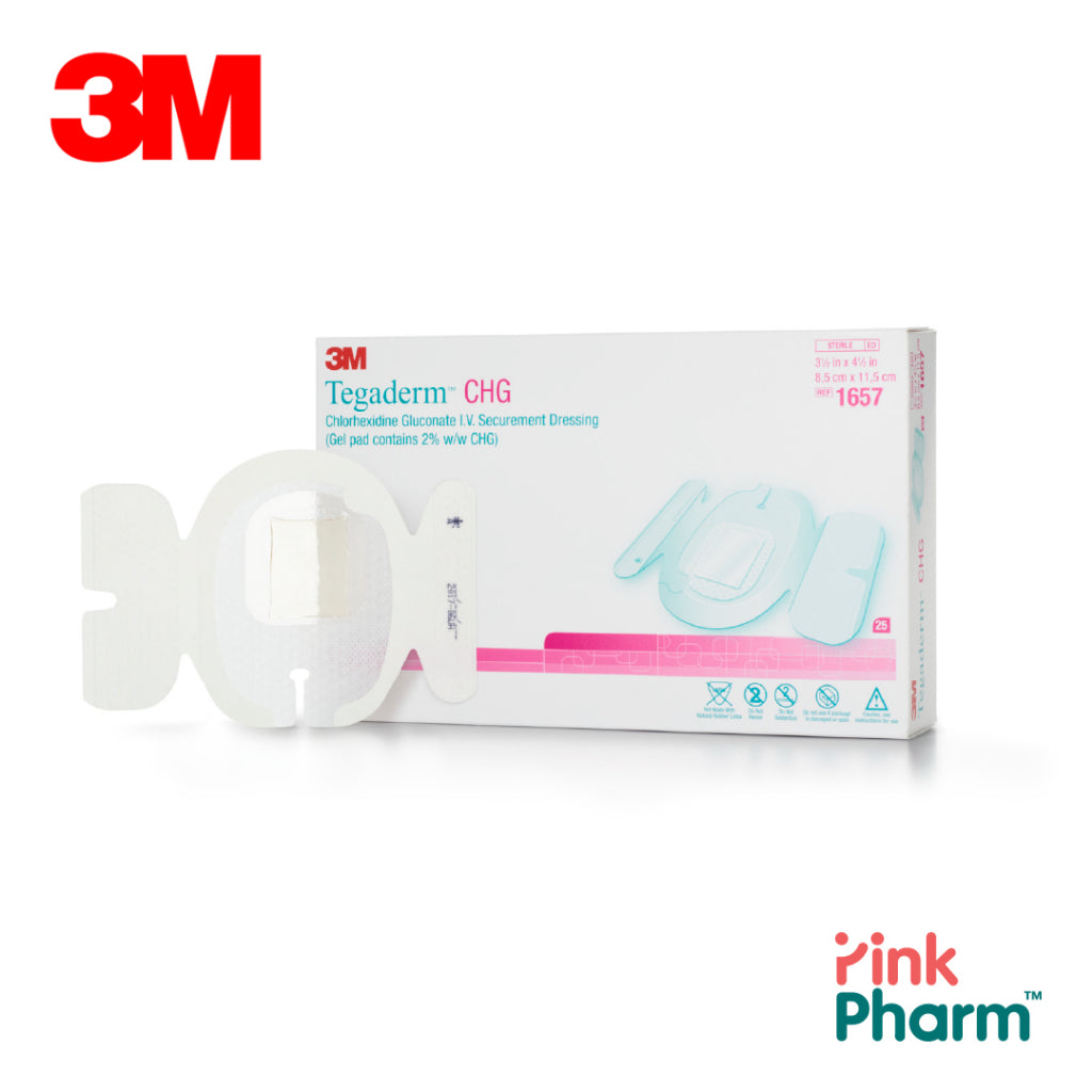 3M 1657R TEGADERM CHG,8.5CMX11.5CM (25 PCS/BX) แผ่นยึดตรึงชนิดมีคลอร์เฮกซีดีนกลูโคเนต เพื่อปิดบริเวณให้สารน้ำทางหลอดเลือด