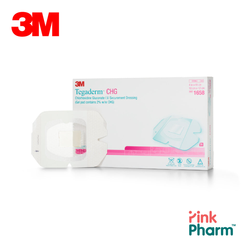 3M 1658R TEGADERM CHG,10CMX12CM, (25 PCS/BX) แผ่นยึดตรึงชนิดมีคลอร์เฮกซีดีนกลูโคเนต เพื่อปิดบริเวณให้สารน้ำทางหลอดเลือด