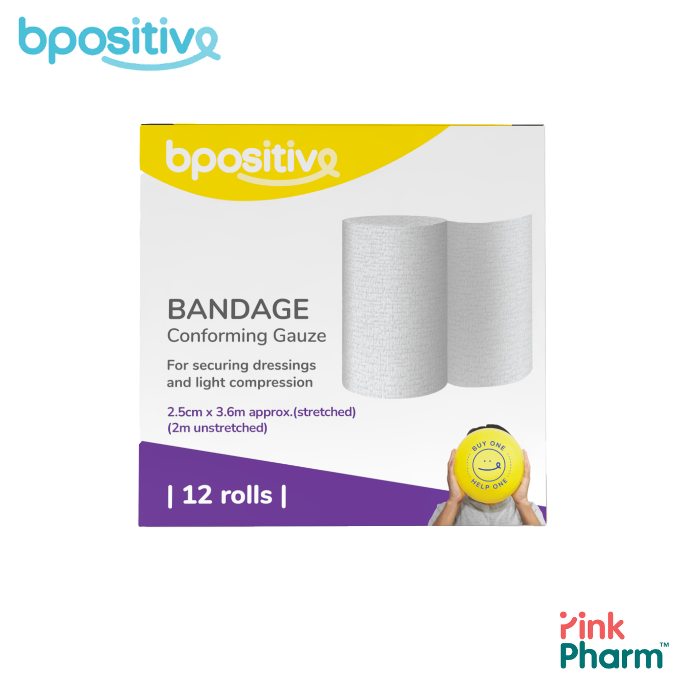 บีโพซิทีฟ ผ้าก๊อซพันแผลแบบยืดหยุ่น Conforming Gauze Bandage ขนาด 2.5 ซม. x 2 ม. ระบายอากาศ ยึดผ้าก๊อซ