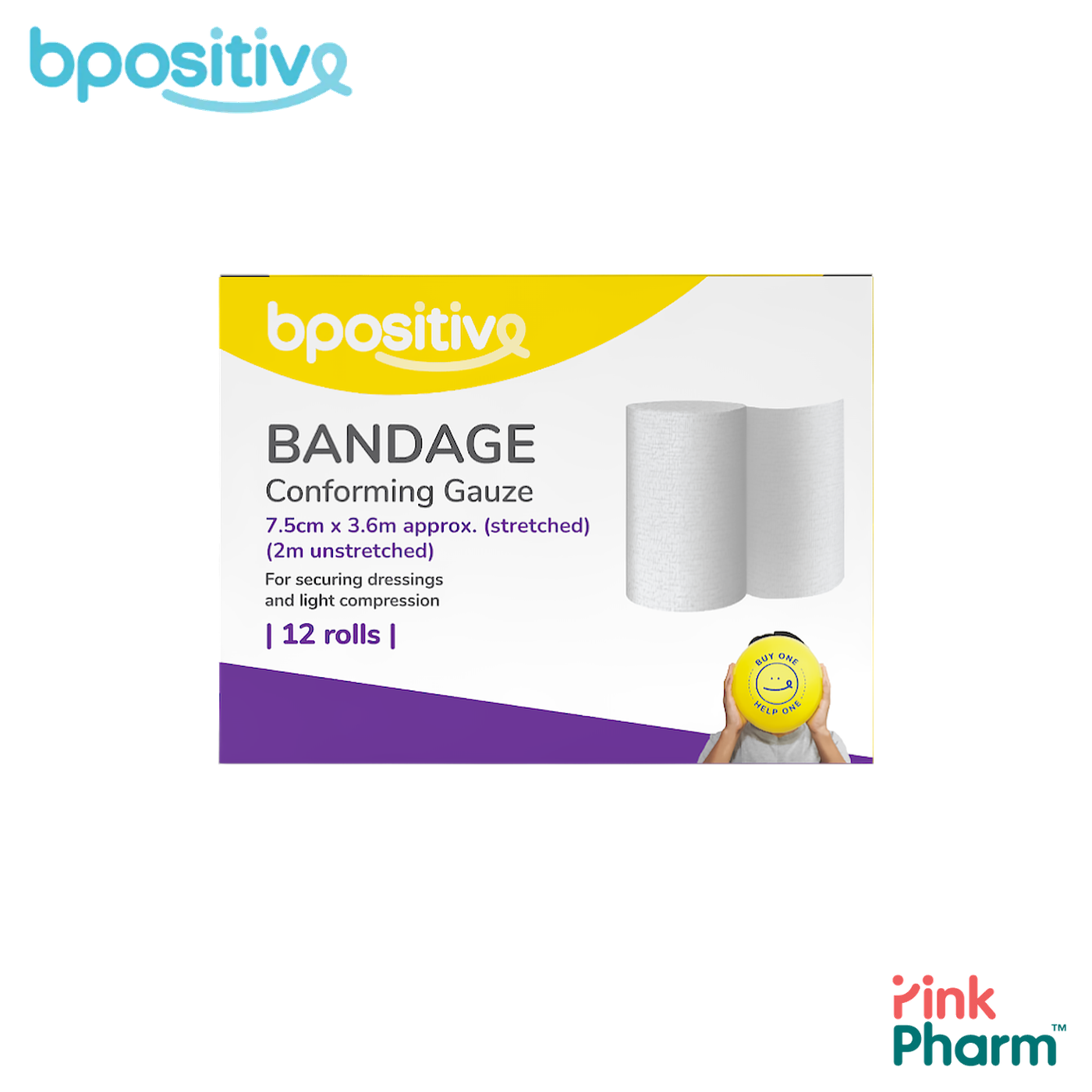 บีโพซิทีฟ ผ้าก๊อซพันแผลแบบยืดหยุ่น Conforming Gauze Bandage ขนาด 7.5 ซม. x 2 ม. ระบายอากาศ ยึดผ้าก๊อซ