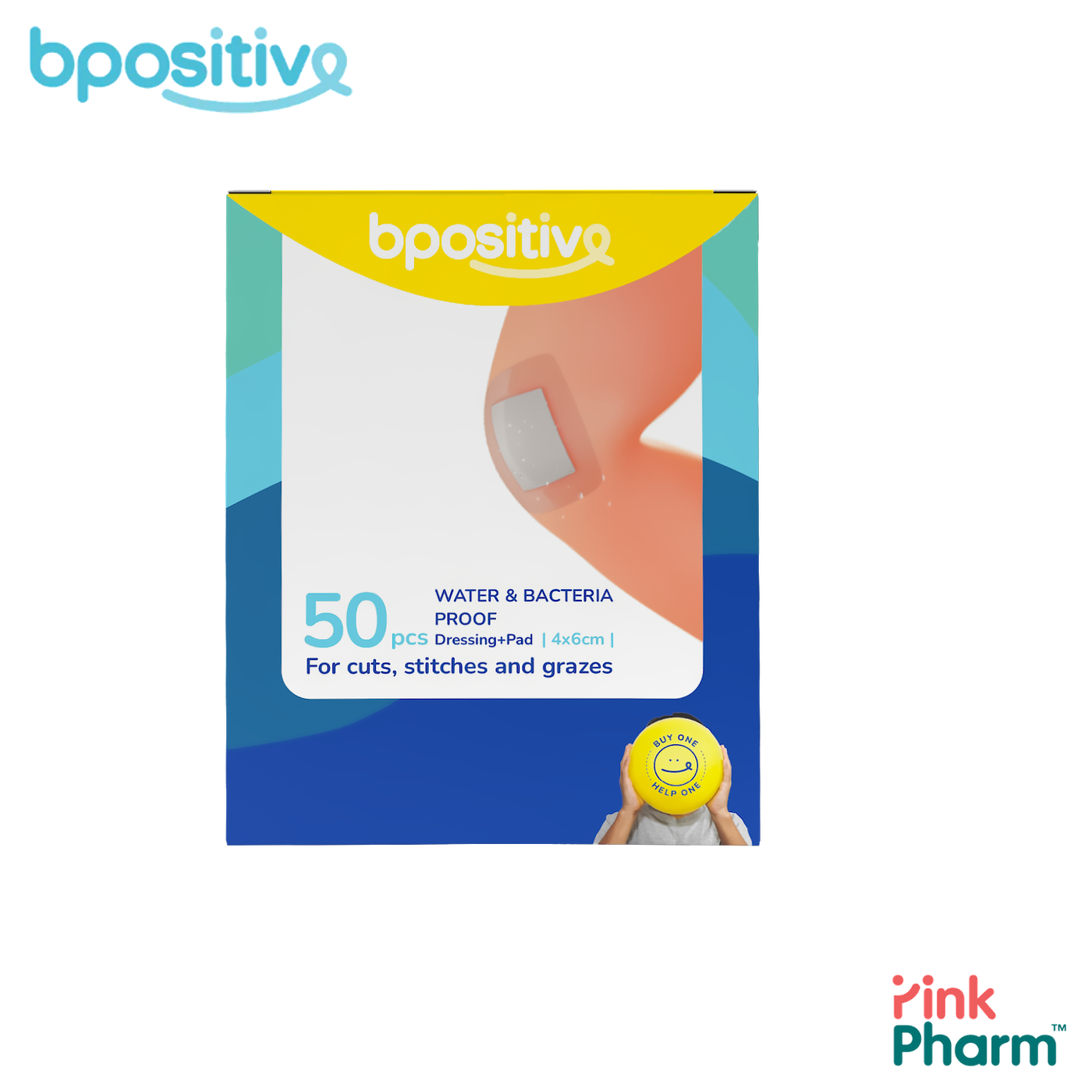 bpositive บีโพซิทีฟ แผ่นฟิล์มปิดแผลกันน้ำ พร้อมแผ่นซึมซับ Waterproof Film Dressing ขนาด 4x5 ซม. (50 ชิ้น) ปิดแผลอาบน้ำได้ กันแบคทีเรีย