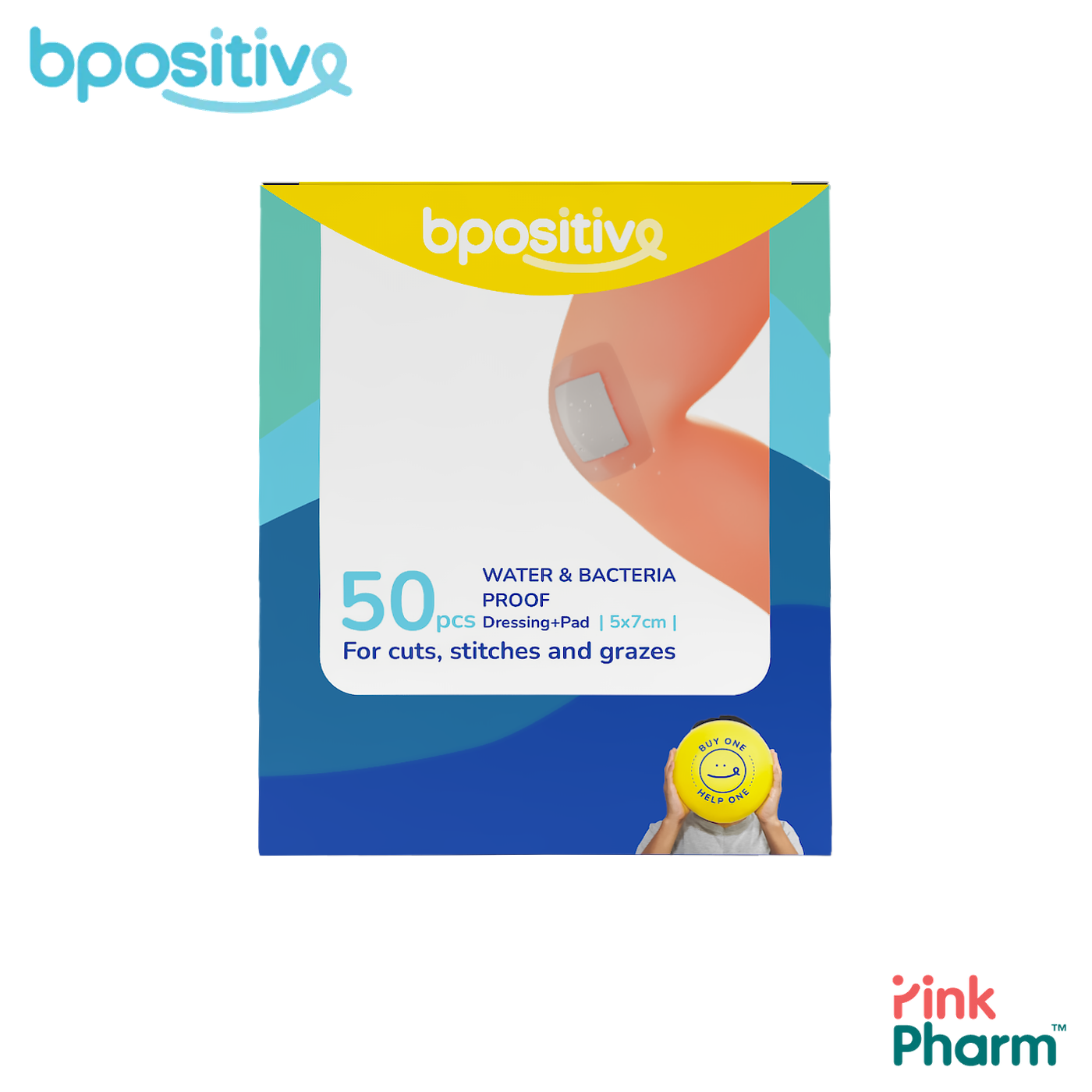 bpositive บีโพซิทีฟ แผ่นฟิล์มปิดแผลกันน้ำ พร้อมแผ่นซึมซับ Waterproof Film Dressing ขนาด 5x7 ซม. (50 ชิ้น) ปิดแผลอาบน้ำได้ กันแบคทีเรีย