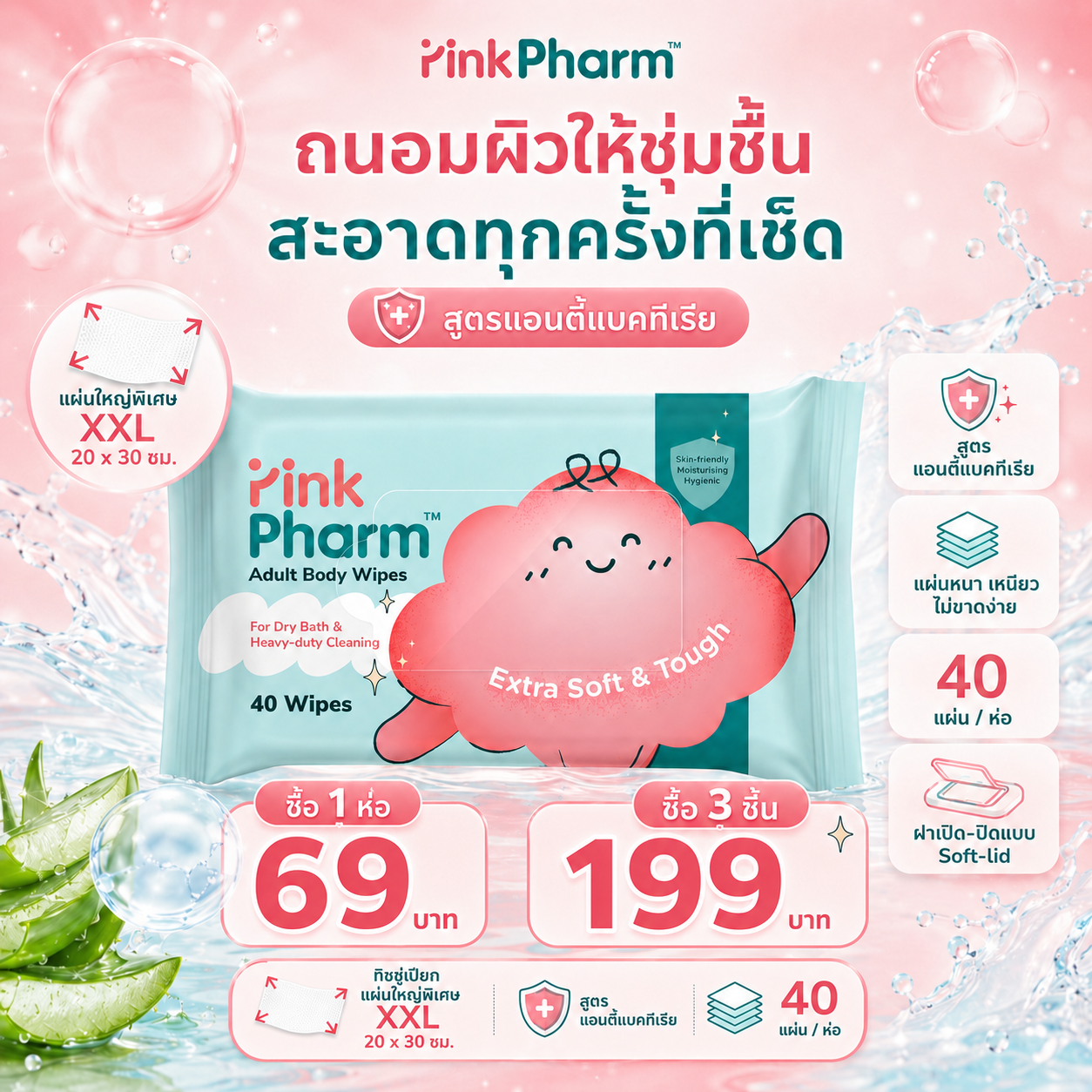 PinkPharm Wet Wipes – ทิชชู่เปียกแผ่นใหญ่พิเศษ XXL 20x30 ซม. สูตรแอนตี้แบคทีเรีย (40 แผ่น)